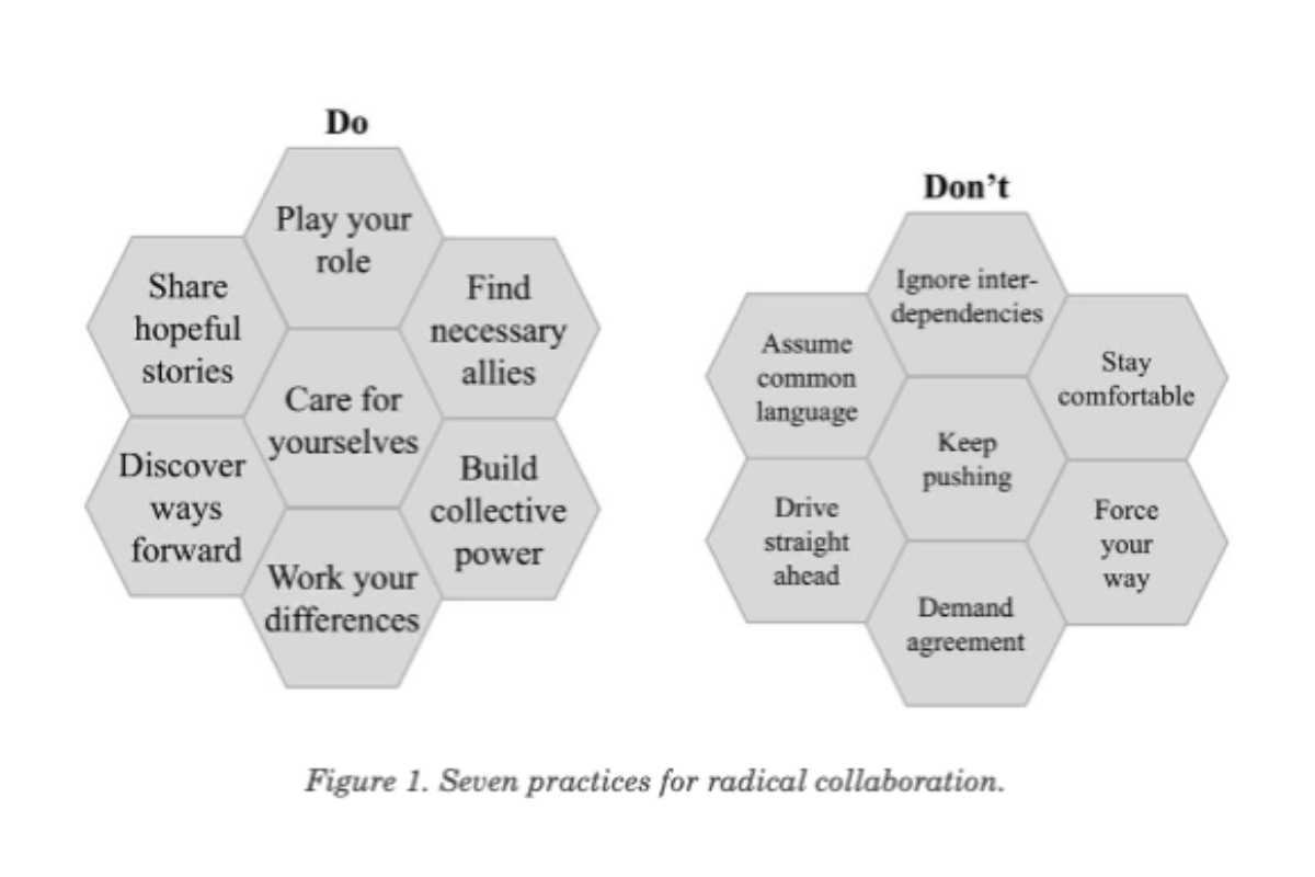 Diagram of seven radical collaboration practices, split into 'Do' (e.g., 'Build collective power') and 'Don't' (e.g., 'Ignore interdependencies').